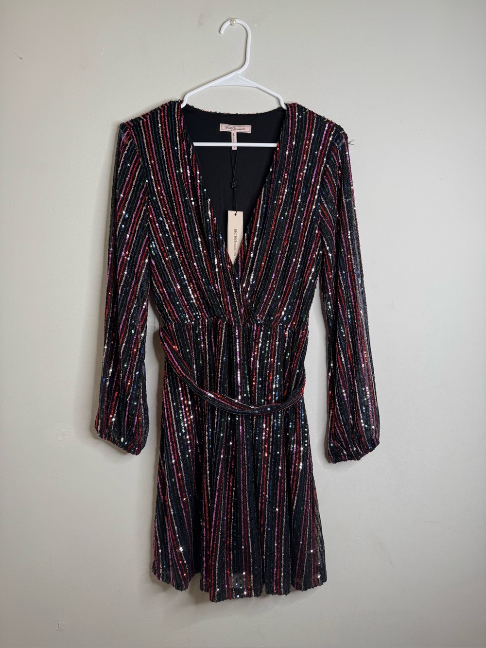 BCBGeneration Black Long-Sleeve Sequin Stripe Wrap Dress